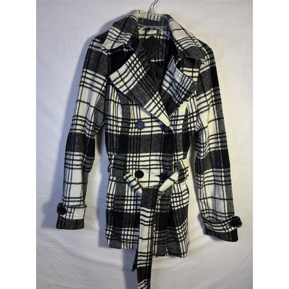 Jou Jou Womens Belted Coat Small Double Breasted Black White Plaid Buttons Lined